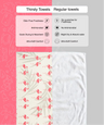 Comparison of 'Thirsty Towels' and 'Regular towels' with features listed on a pink and gray background.