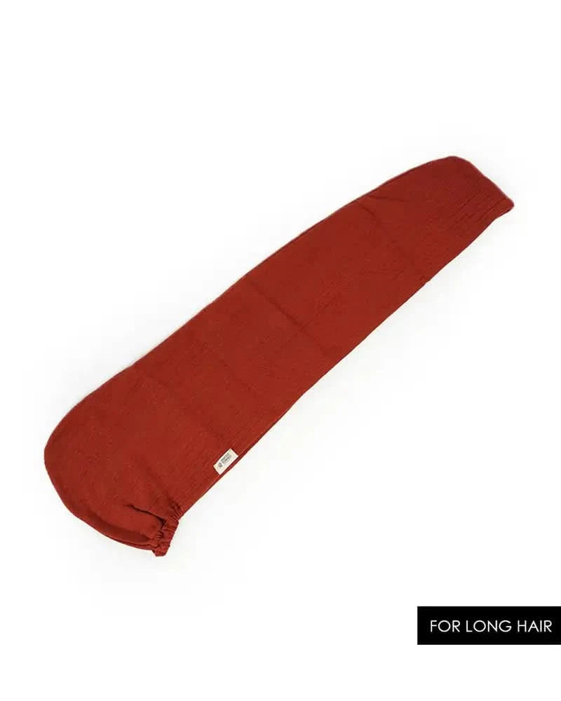 Terracotta hair towel wrap for long hair on a white background