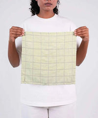 Person holding a green and white checkered towel against a white background
