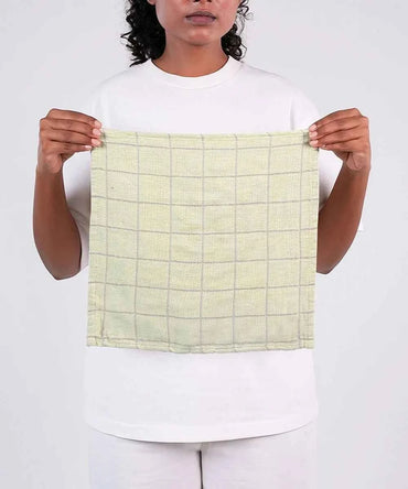 Person holding a green and white checkered towel against a white background