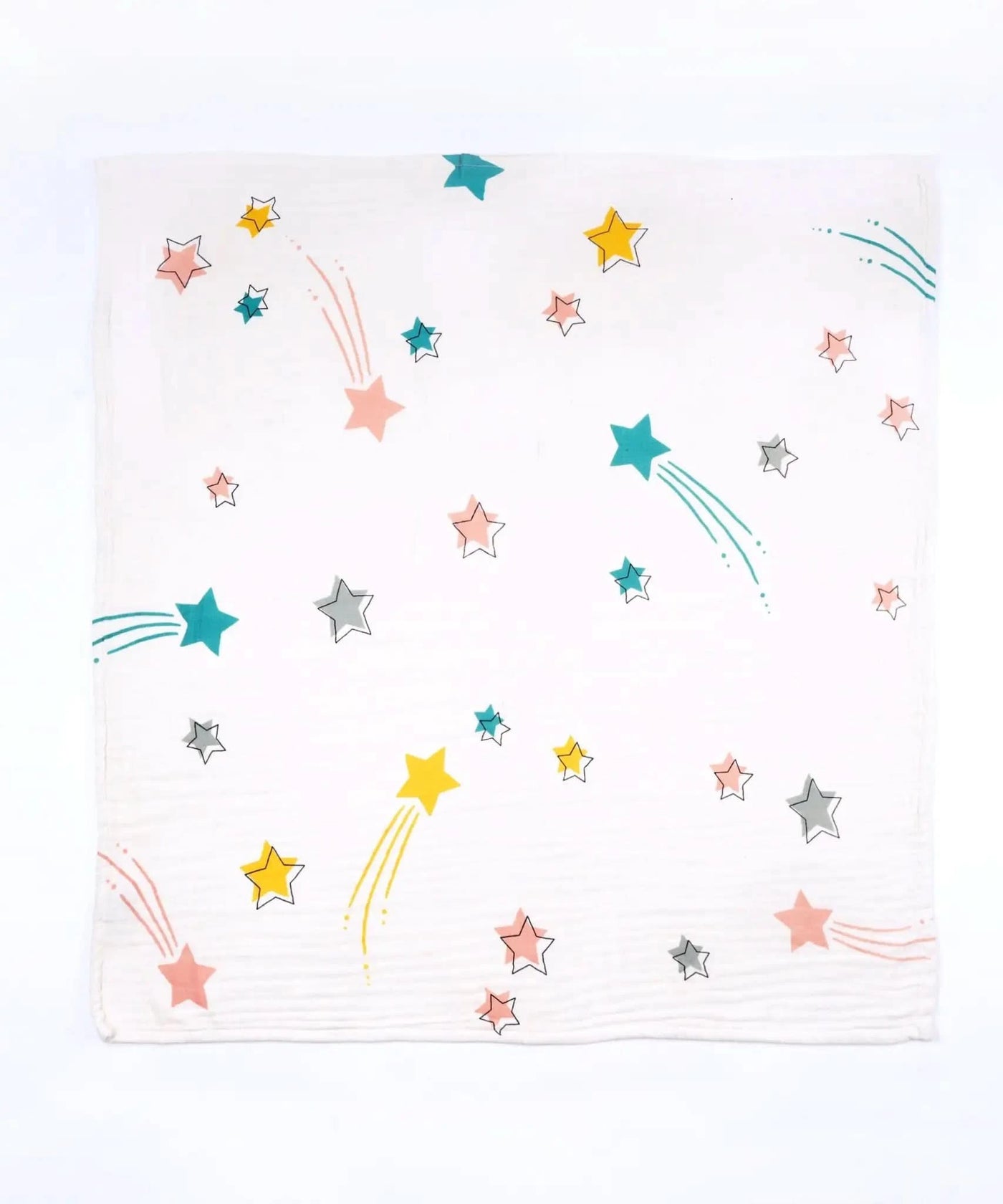 Baby Swaddle with colorful star and comet pattern on a white background