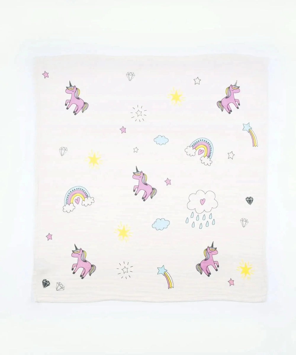 Baby swaddle with unicorn and rainbow pattern on a white background