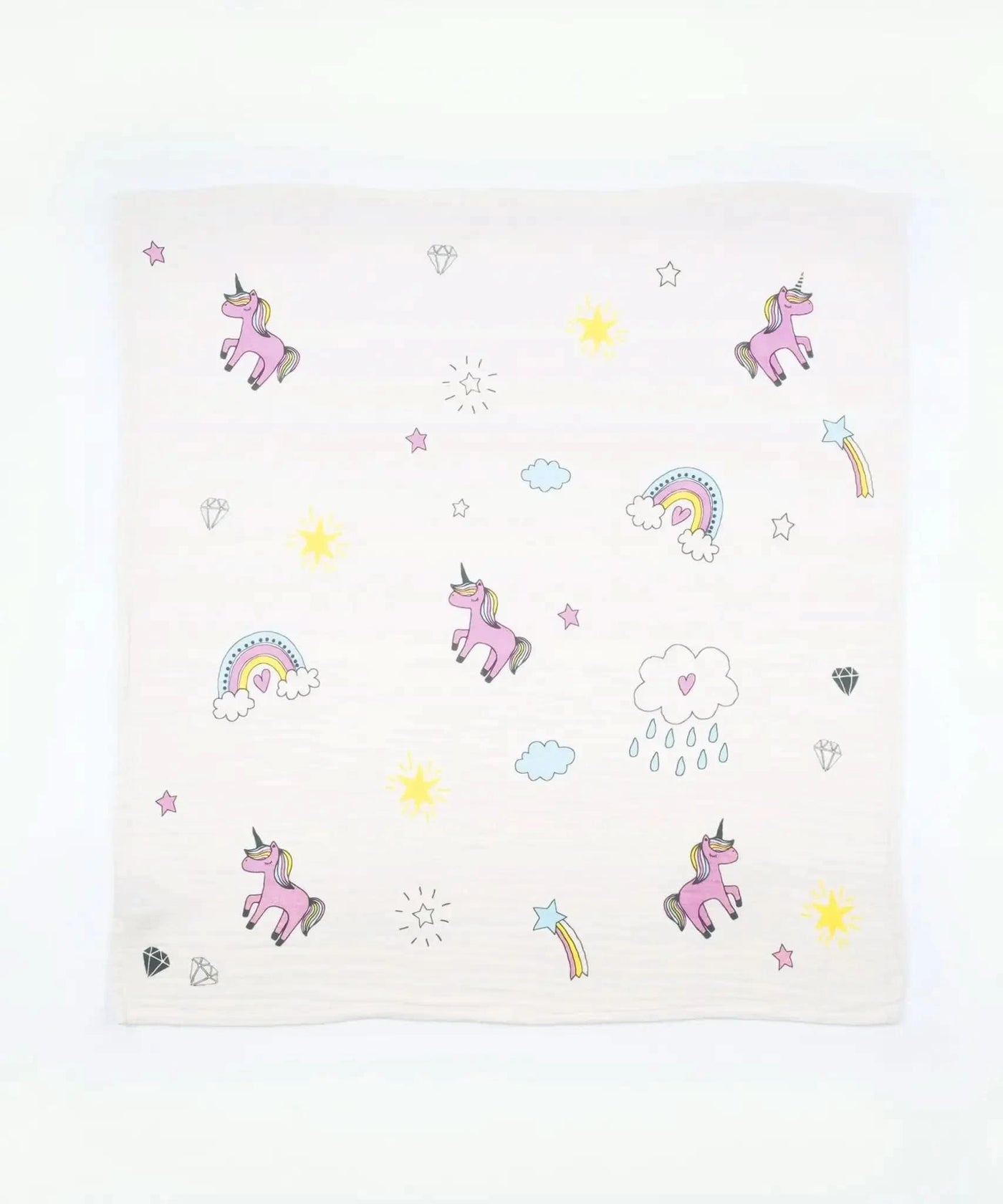 Baby swaddle with unicorn and rainbow pattern on a white background