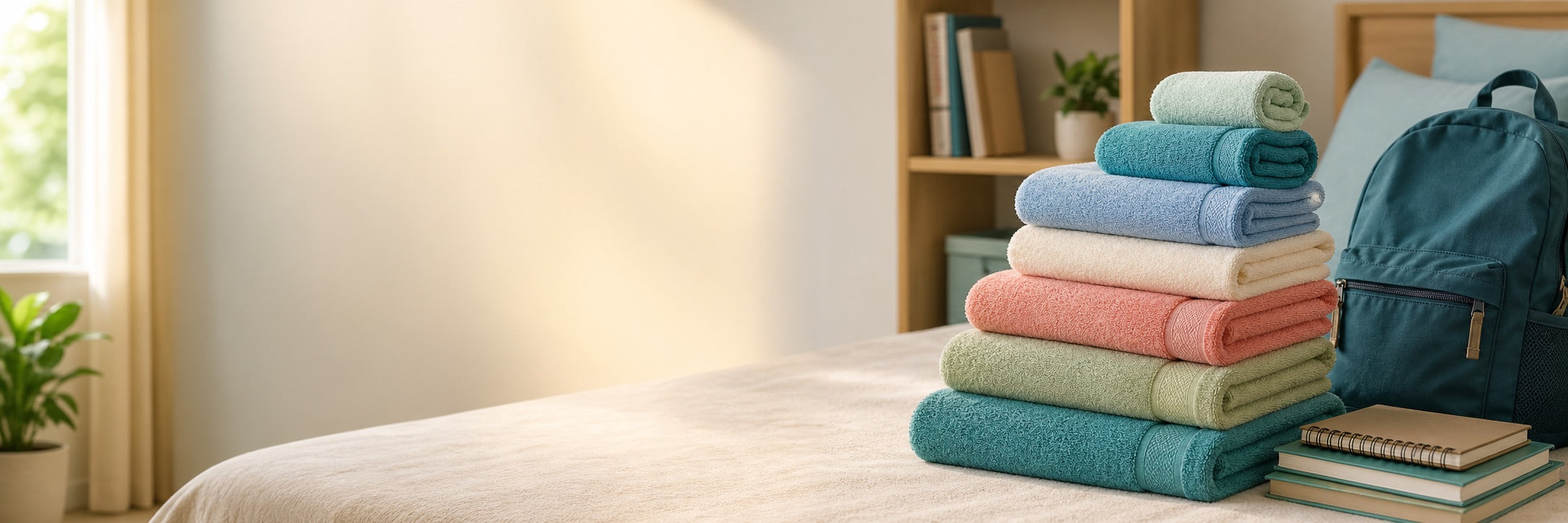 Towels and student essentials arranged in a hostel room