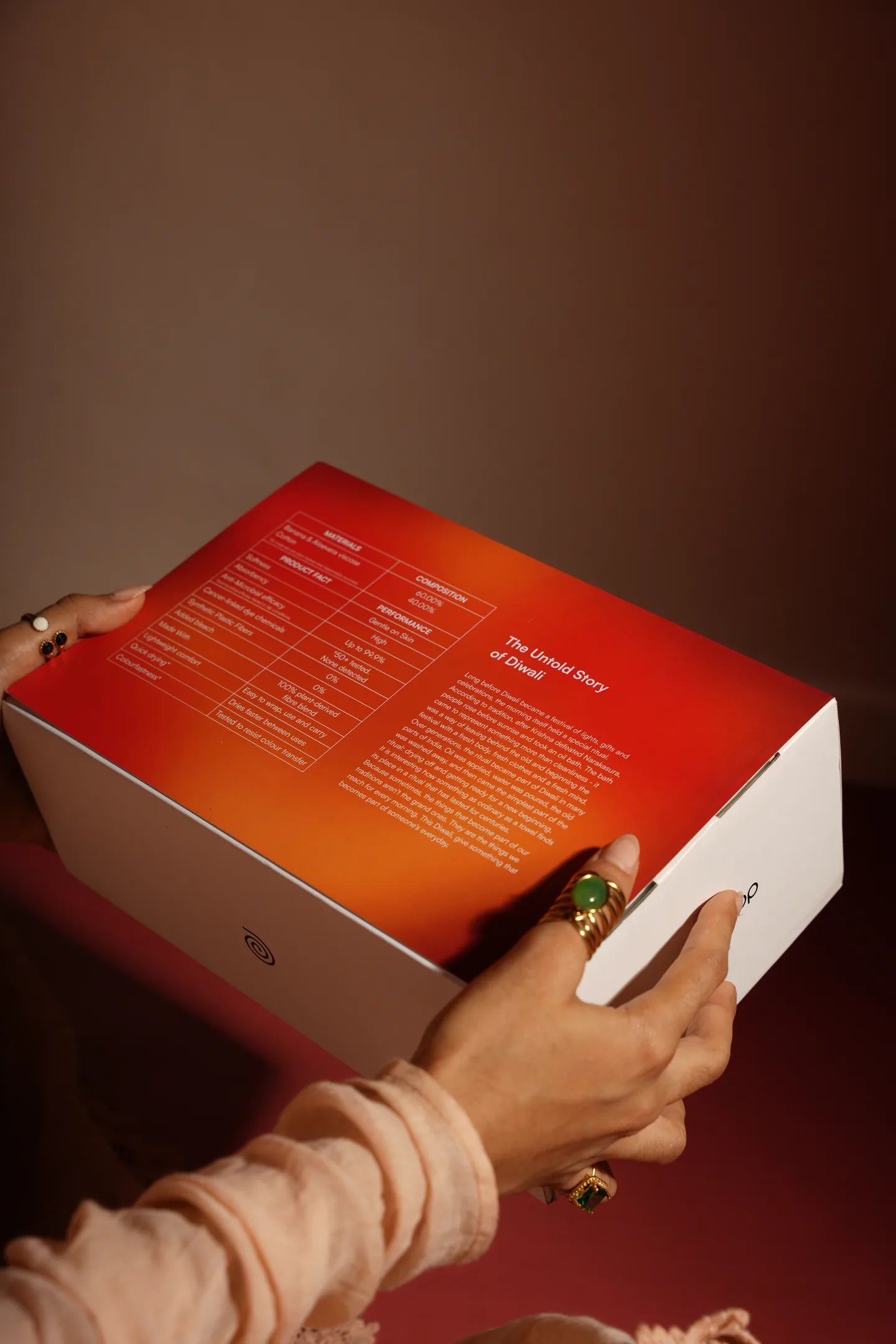 Hands holding the back of a festive gift box