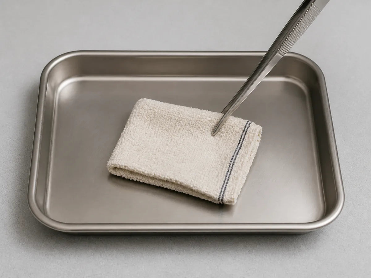 Kitchen hand-towel sample handled with laboratory tweezers