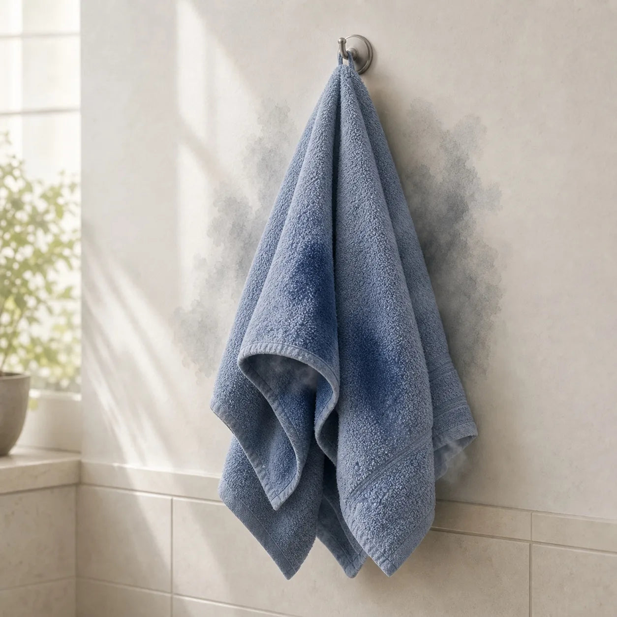 Normal towel bunched on a hook trapping dampness