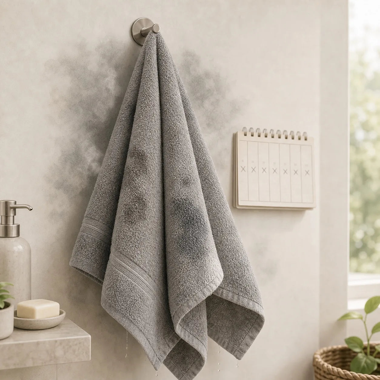 Normal bath towel reused too many times and staying damp