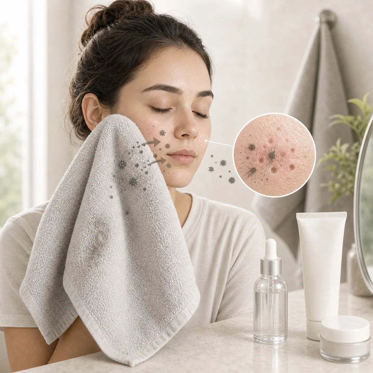 Dirty normal towel pressed to skin before skincare