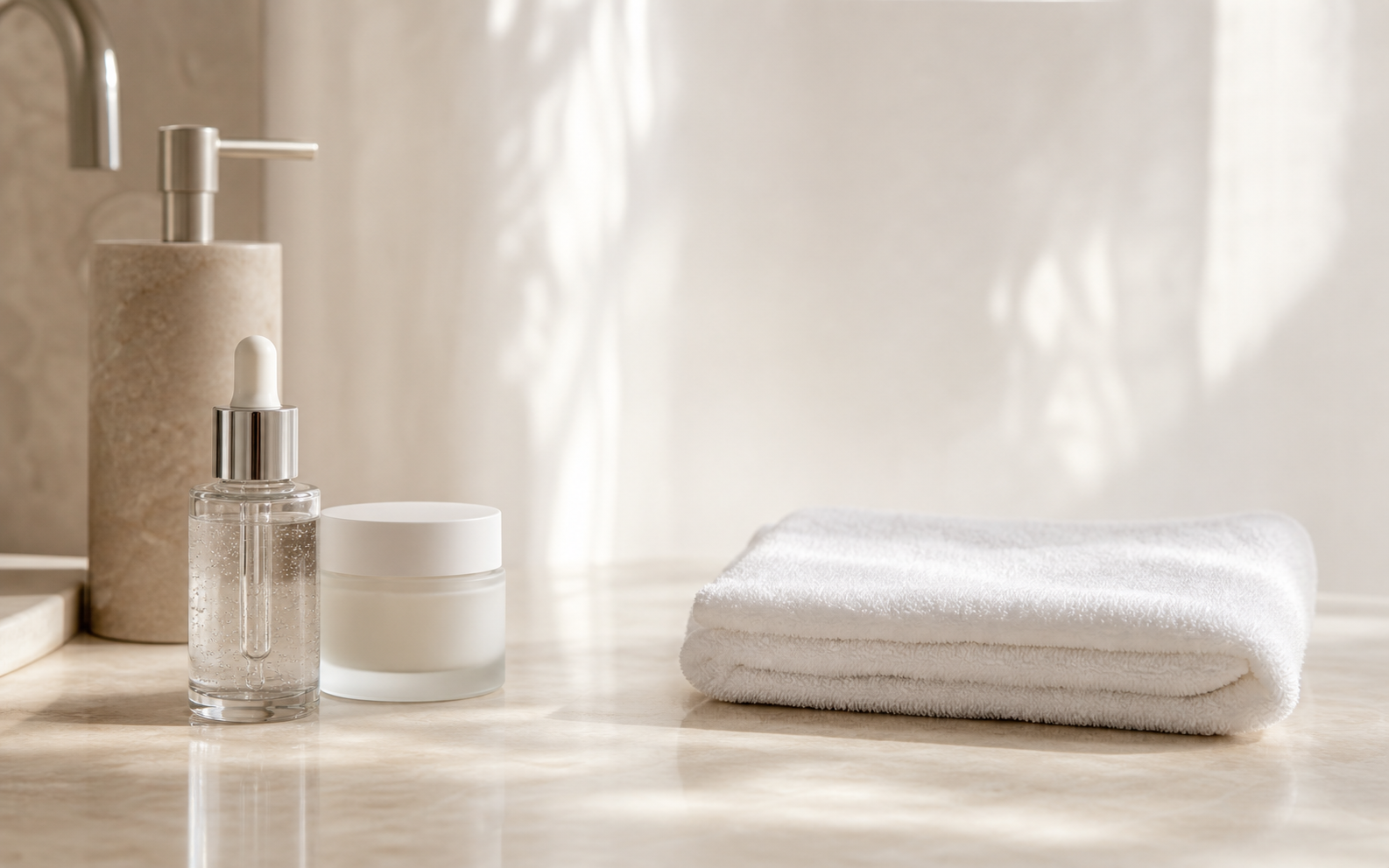 Serum and face towel on a clean bathroom counter