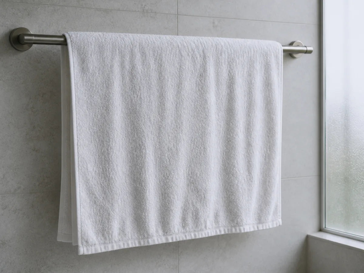 White bath towel spread open across a towel bar