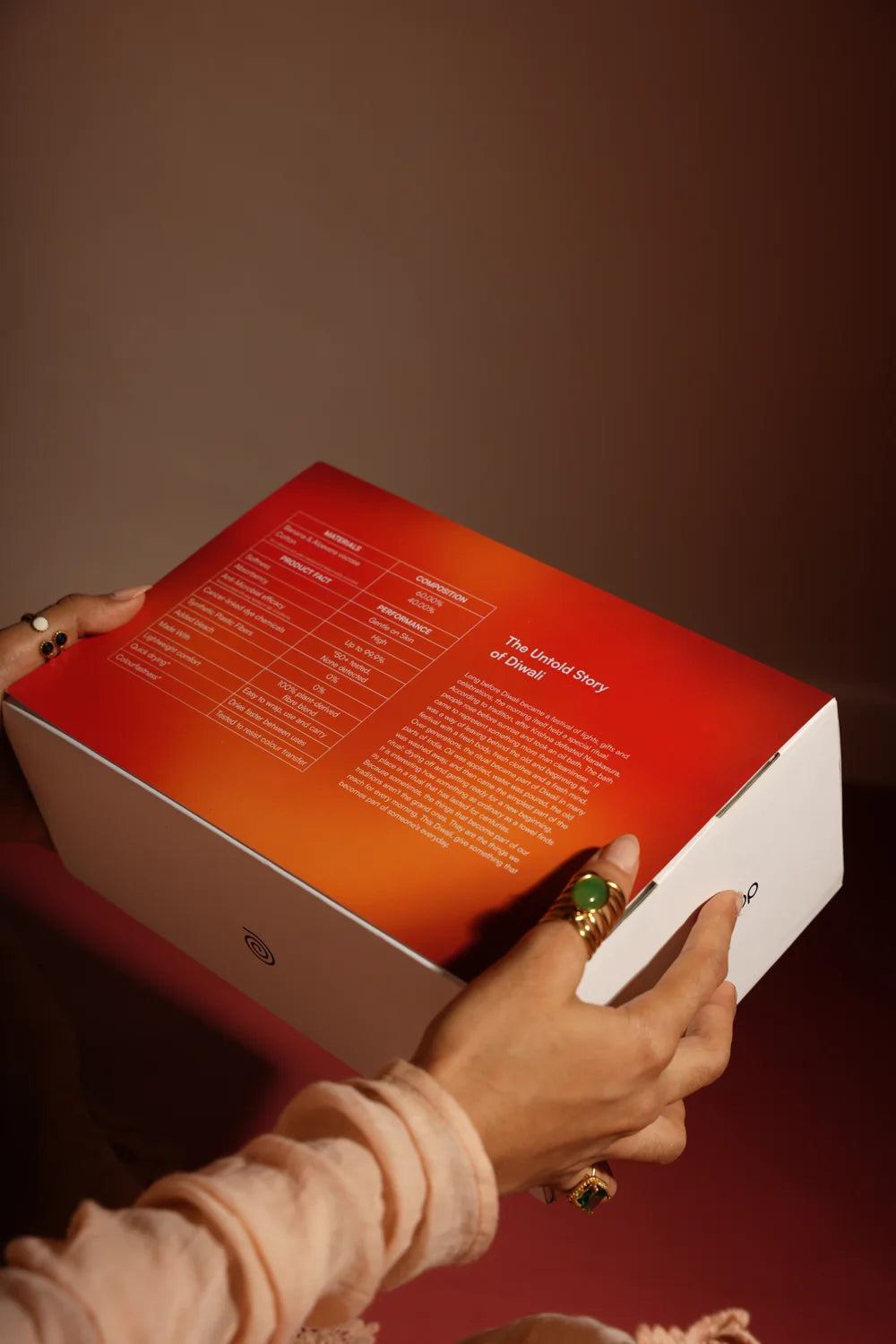 Hands holding a Doctor Towels gift box with its materials and product facts printed on the lid